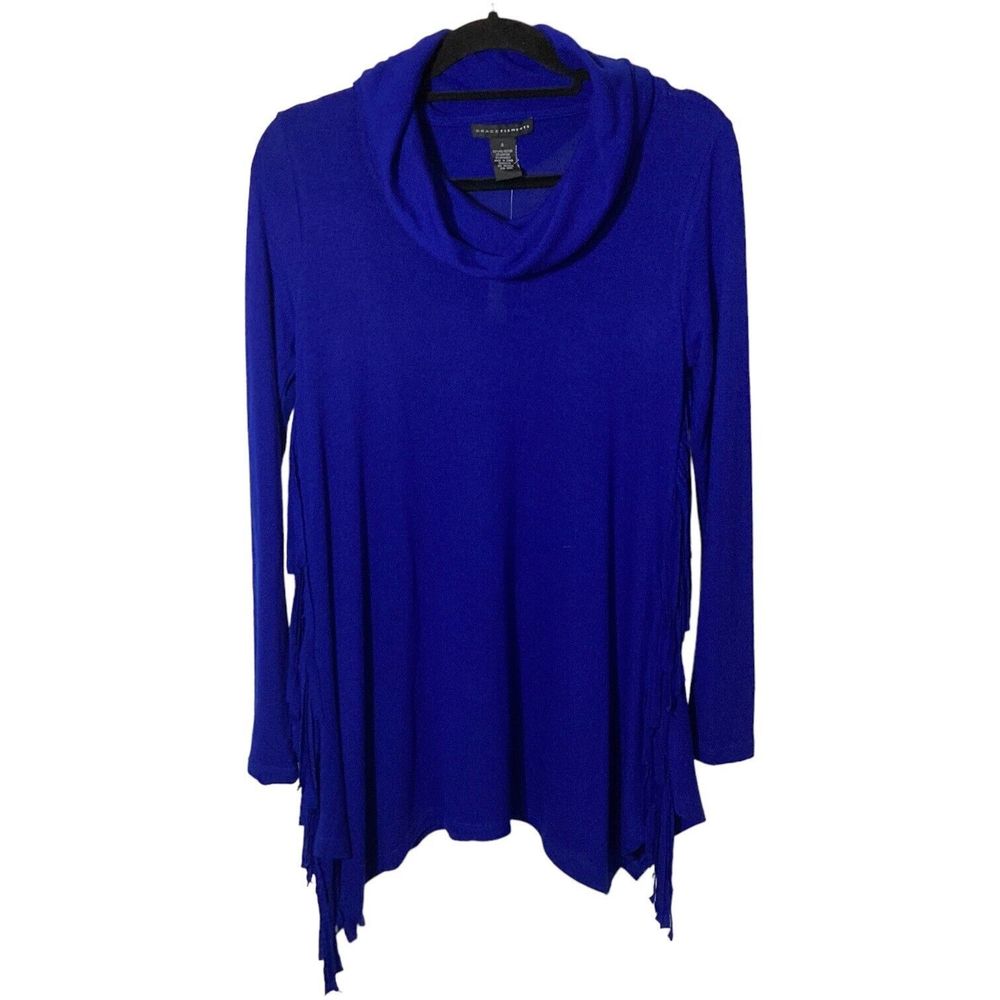Grace Elements Womens Small Sweater Royal Blue Cowl Neck Fringed Sides NWT